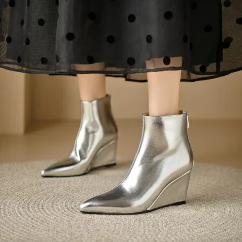 Patent Leather Shiny Gold Silver Wedges High Heels Woman Shoes Zip Back Pointed Toe Ankle Botas Big Size 45 46 Chelsea Boots