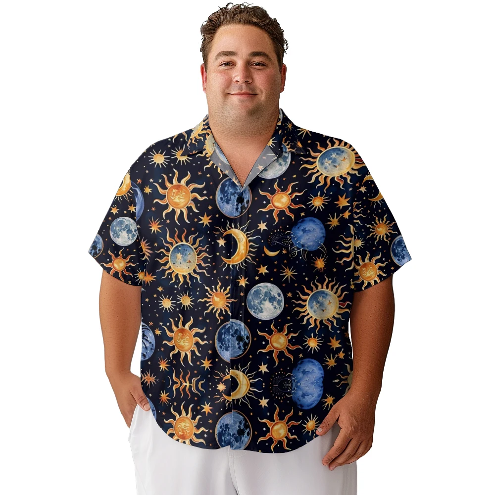 

2024 new Men's shirts plus size Tarot theme Sun Moon stars printed clothing casual short-sleeved