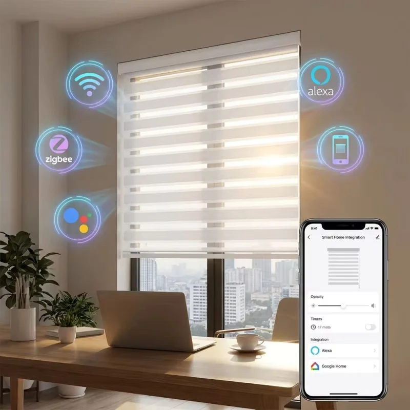 Custom Motorized Zebra Blinds Solar Panel Zigbee Rechargeable Motor Works With Google Alexa Blackout Shade For Interior Window