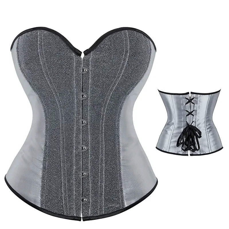 Sexy Women Corset Satin Sequin Overbust Bustier Lace-up Top Corselet Club Party Clothes