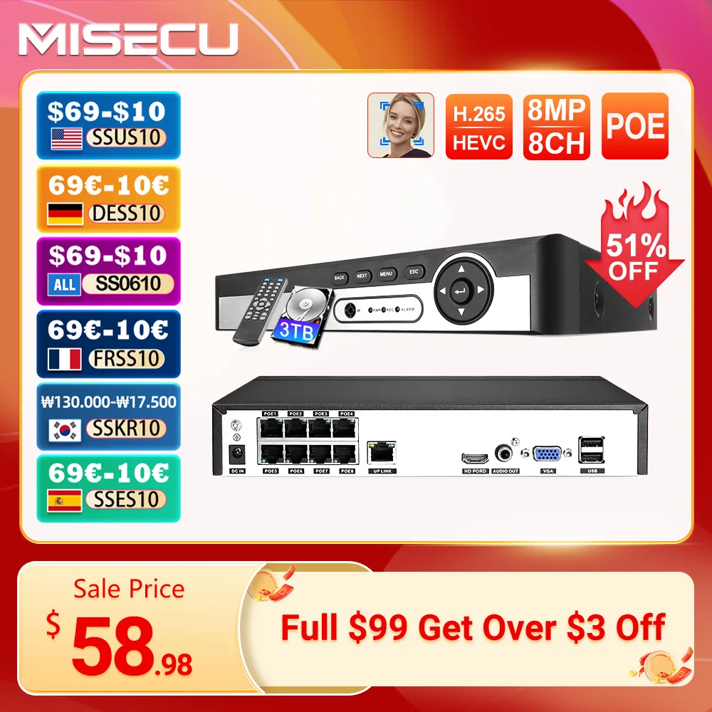 

MISECU 4K 8CH POE NVR 8MP Security Video Recorder IP Camera Face Detection Surveillance CCTV System For POE IP Camera