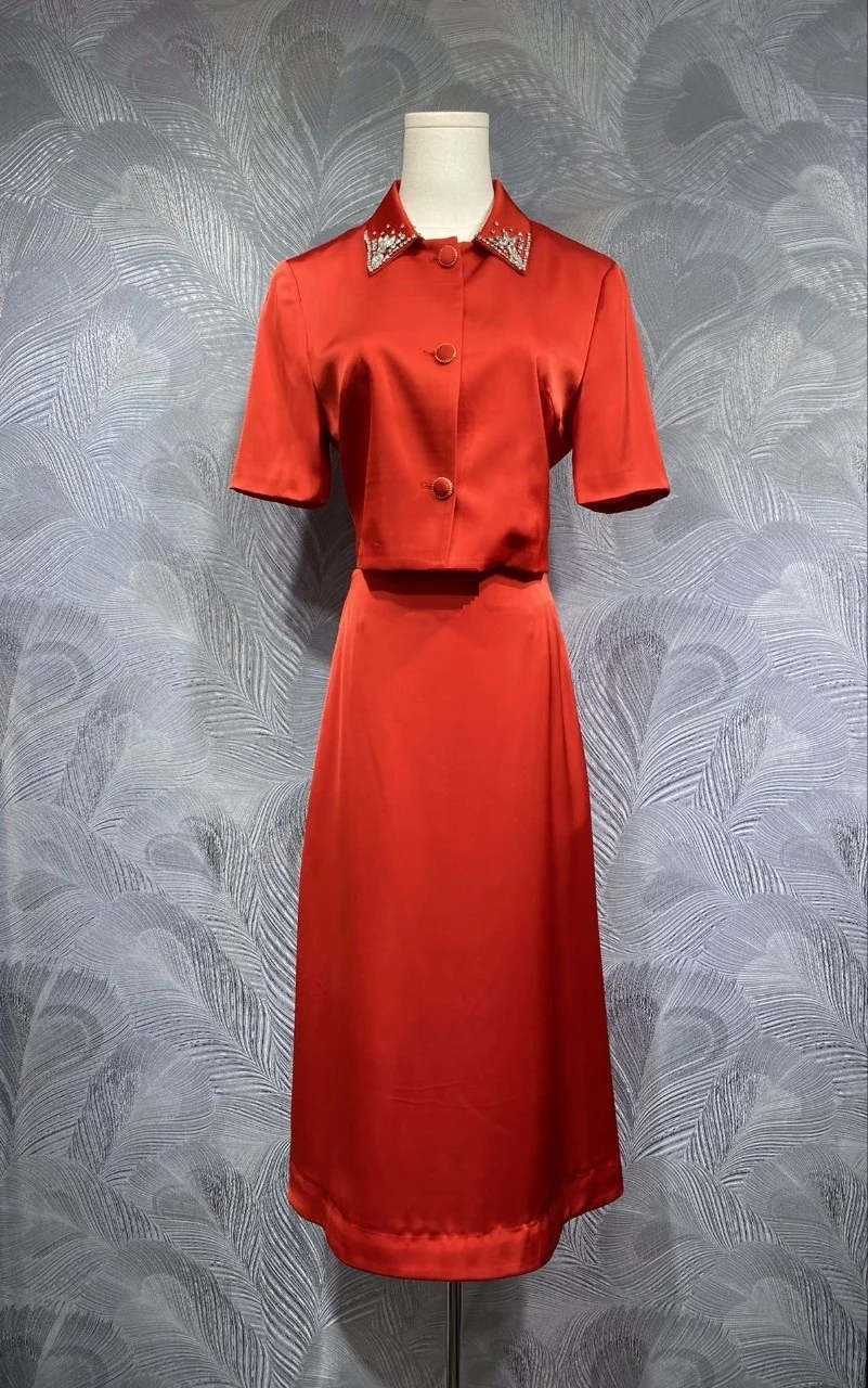 

Crop Sets 2025 Autumn Fashion 2 Piece Set Lady Beading Turn-down Collar Black Red Tops Shirt+High Waist Long Skirt Suit Set