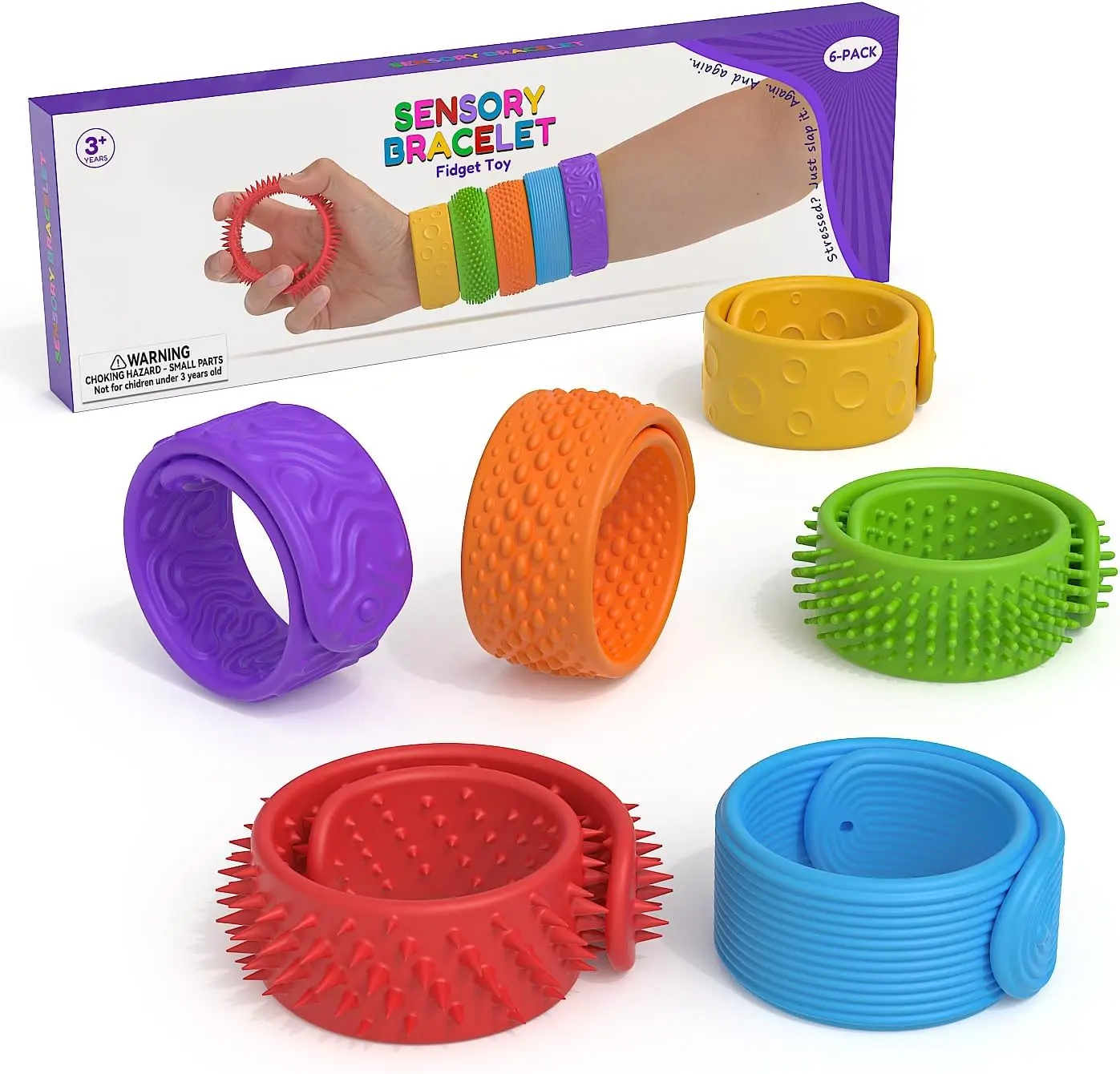 

6 Pack Sensory Fidget Slap Bracelets, Textured Silicone Toys for Kids and Adults, Calming Tool for Focus and Anxiety Relief