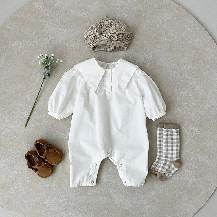 2024 Autumn Newborn Baby Boy Fashion Turn-down Collar Full Sleeves Comfortable Jumpsuit Girl Solid Cotton Romper One Piece