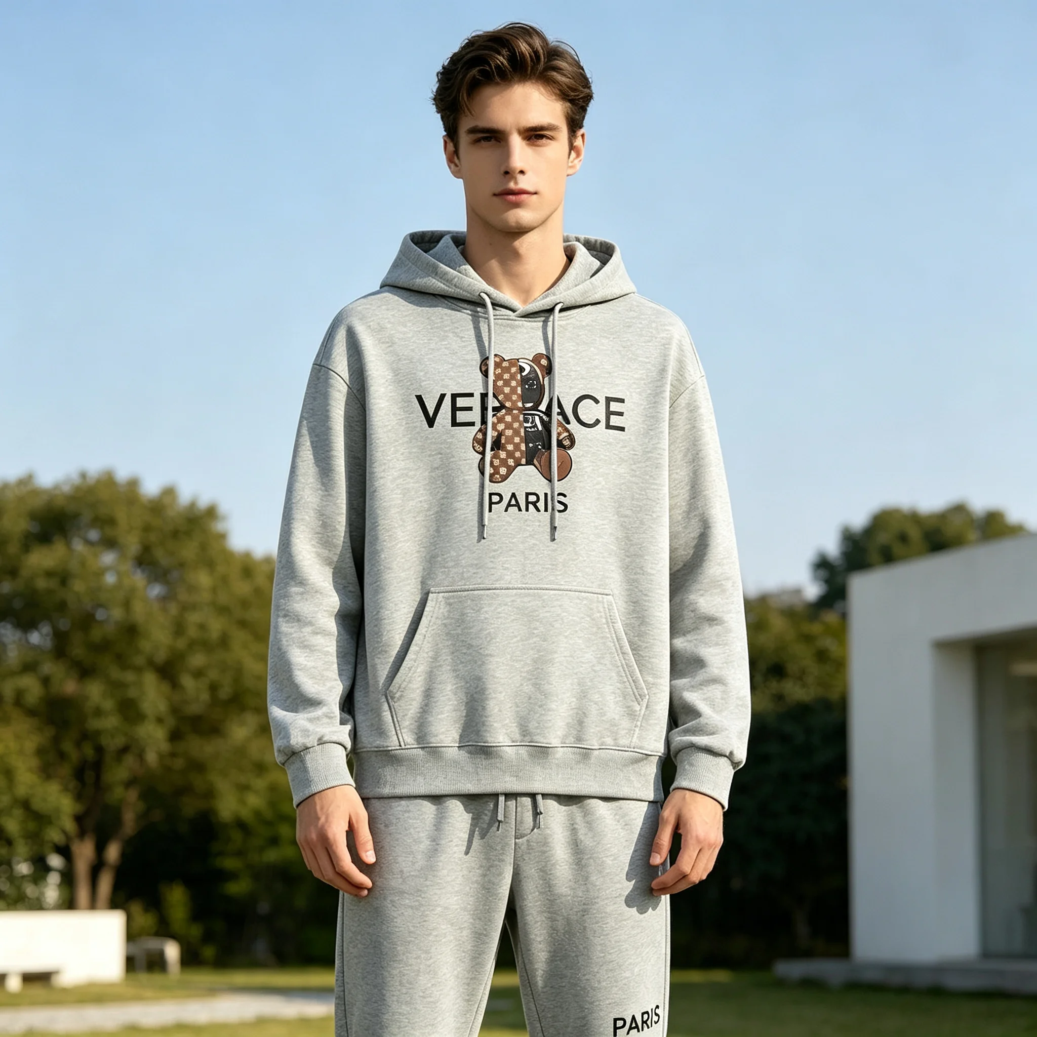 2026 NEW Men 2‑Piece Luxury Bear Graphic Outfit Hoodie & Breathable T‑Shirt Set Autumn Streetwear Casual Sports Tracksuit