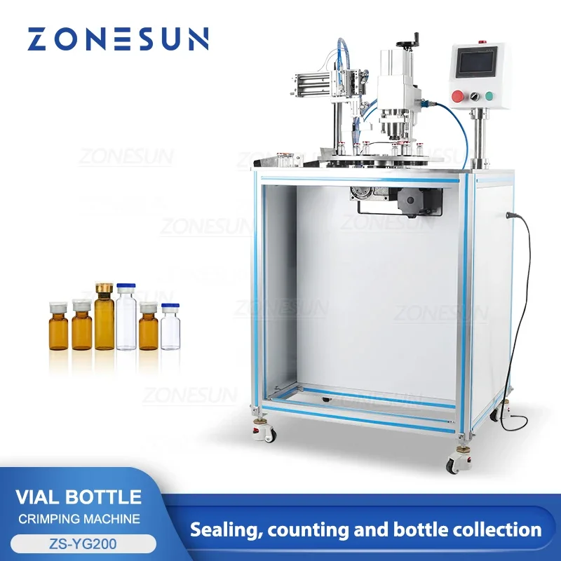 ZONESUN-máquina neumática de prensado de viales, sellador automático de botellas de vidrio, tapas abatibles con colector de tocadiscos, ZS-YG200