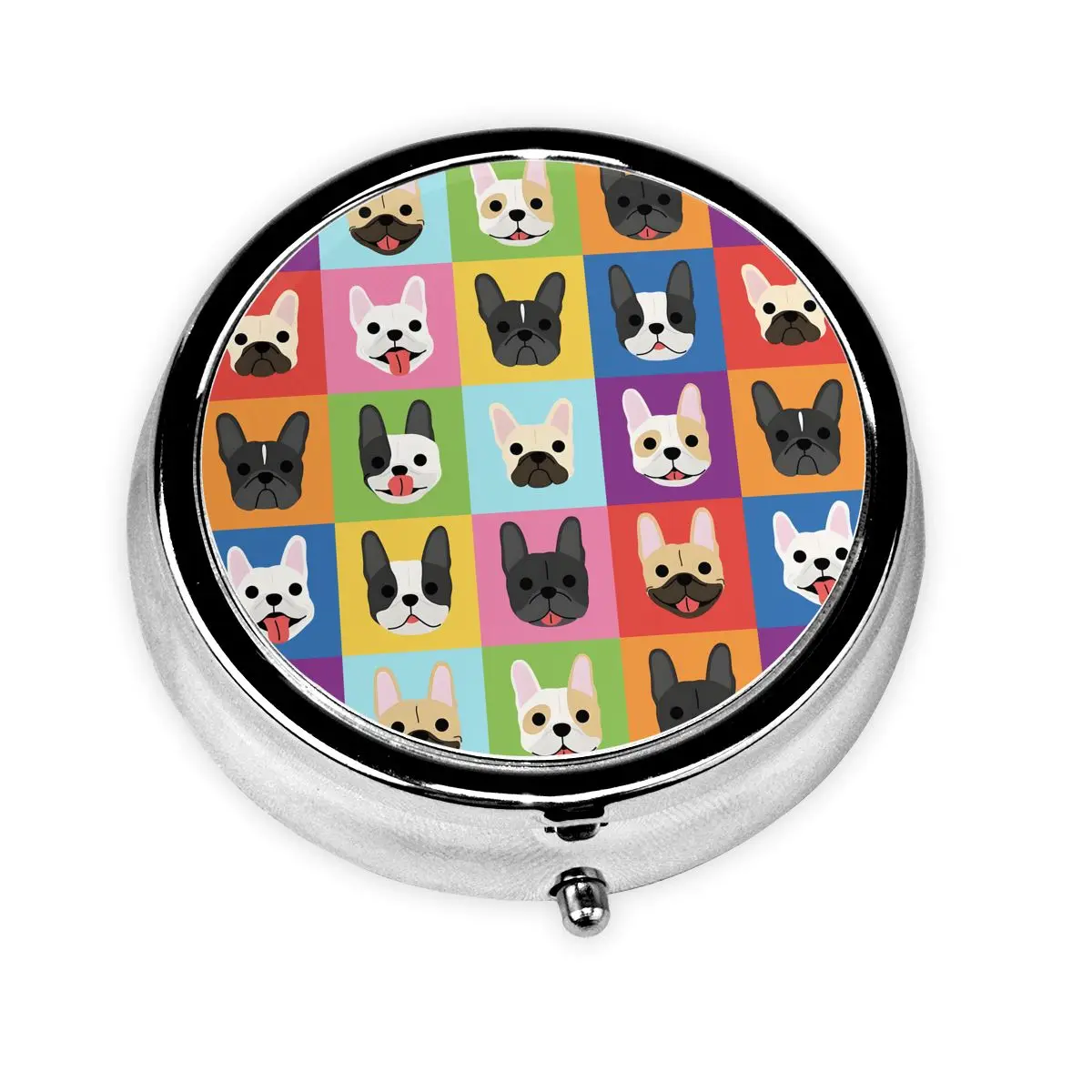 

French Bulldog Portraits Pattern Travel Round Pill Organizer Frenchie Dog Lover Medicine Box Pill Box Splitters Storage Box