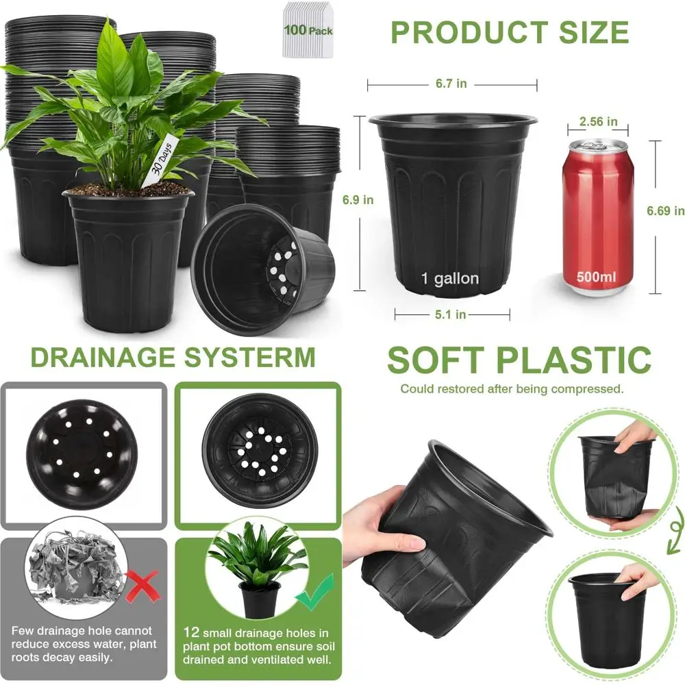 

GroTheory 100 Pack 1 Gallon Nursery Pots, 6.7 Inch Plastic Pots for Plants, Plastic Flower Pots, Plastic Plant Pot, Seedling Pot