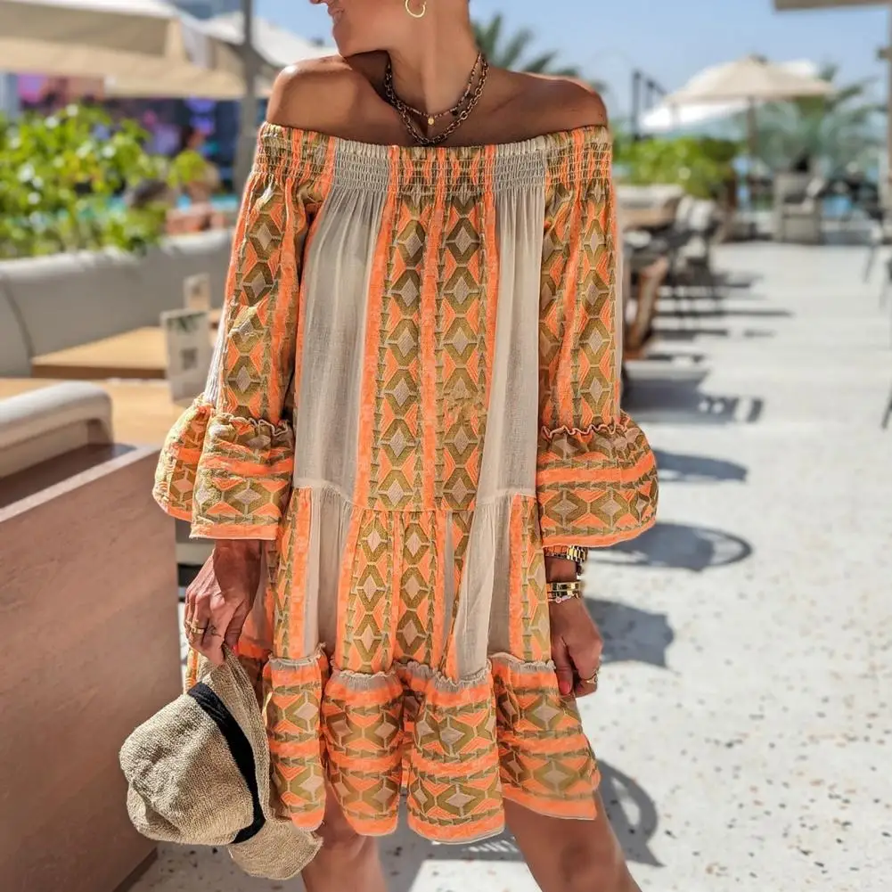 Vintage Summer Women Dress Off Shoulder Flared Long Sleeve Dress Bohemia Style Printing Ruffle Loose Hem Holiday Dress