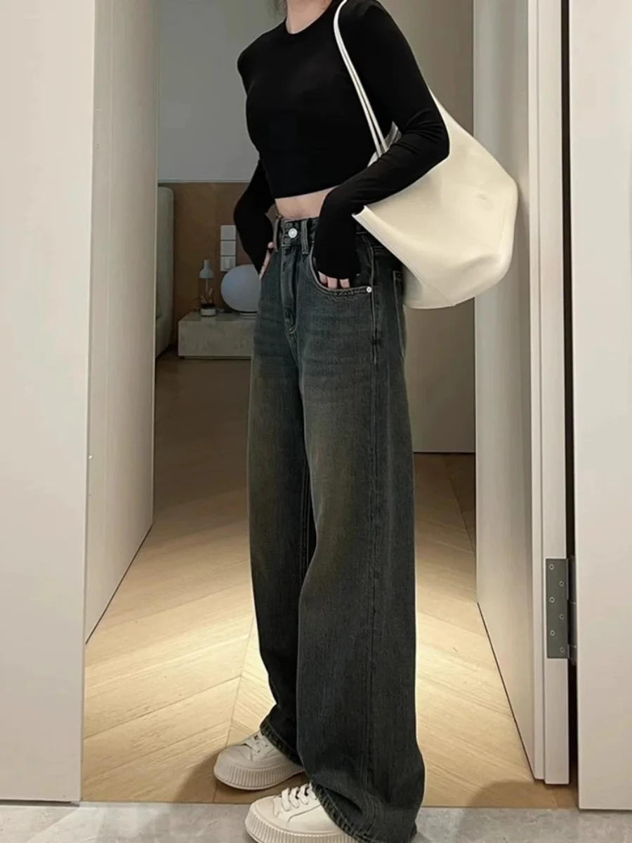 

Thickened Fleece Women's Jeans Autumn Winter High Waist Slim Fit High Length Floor Sweeping Wide Leg Straight Cut Long Pants