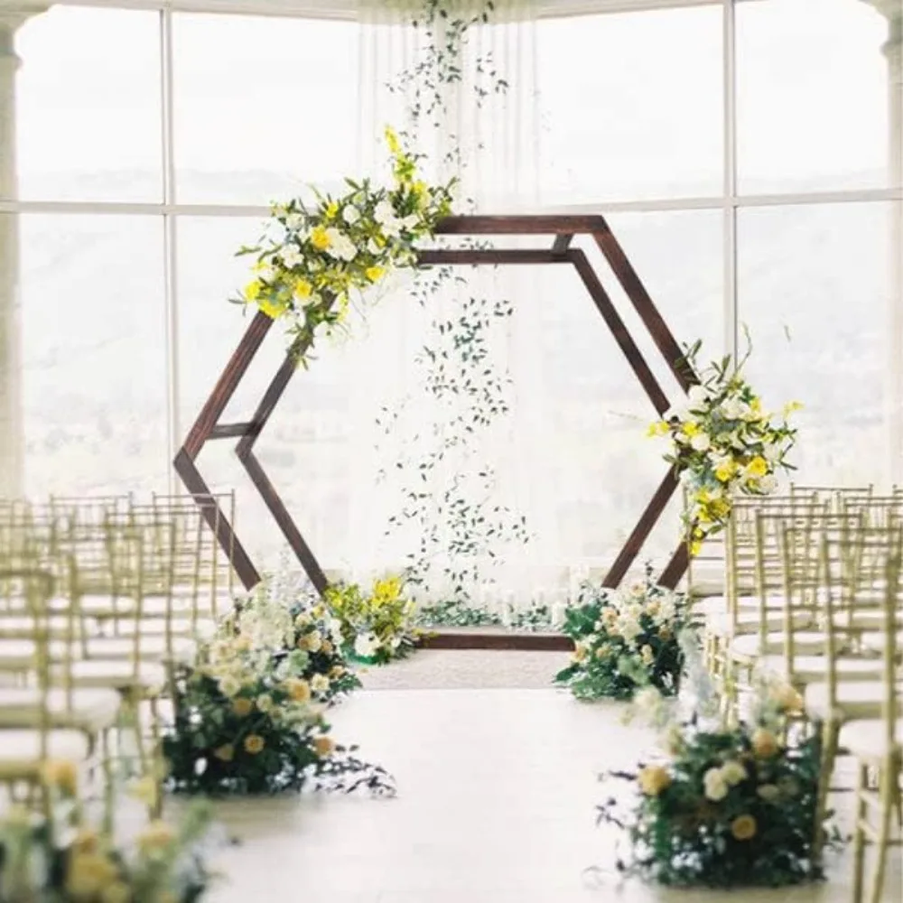 

7FT Rustic Elegant Hexagonal Wooden Backdrop Stand | Heavy Duty Dark Brown Double Sided Wedding Arch Stand balloon arch