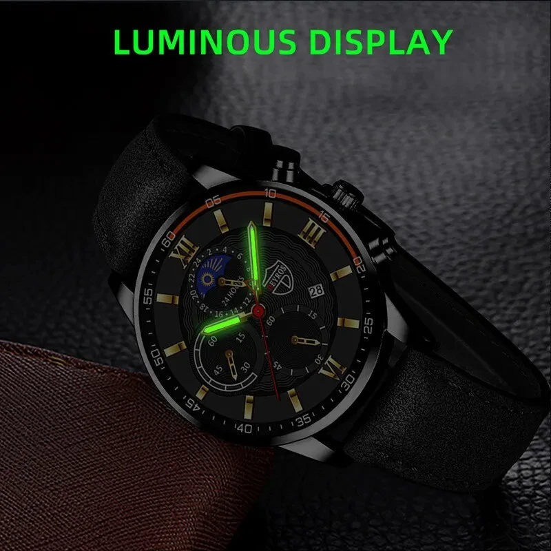 2PCS Set Fashion Mens Sports Watches Man Business Leather Bracelet Quartz Watch Luxury Men Casual Luminous Clock Reloj Hombre