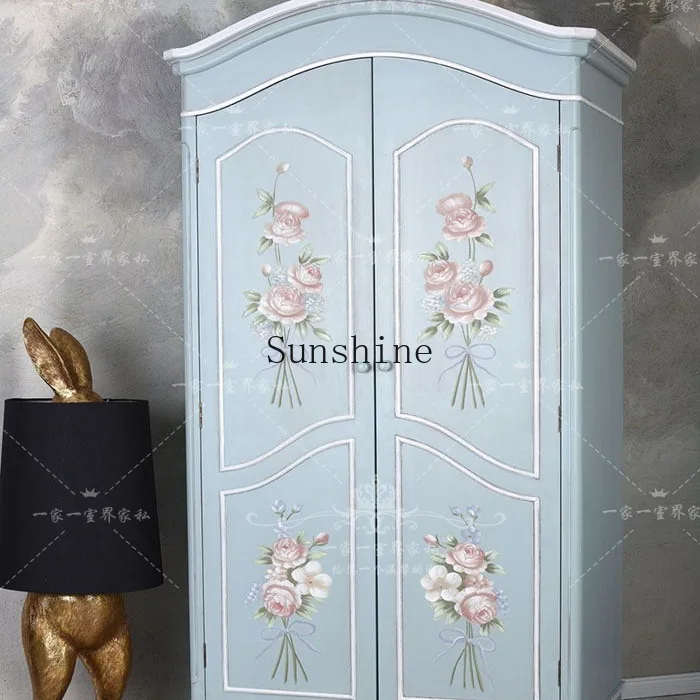 French retro painted solid wood wardrobe hand painted double door storage bedroom