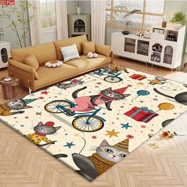 Cartoon Cat Party Themed Print Carpet Flooring Whimsical Household Area Rug Soft Decorative Indoor Floor Carpet