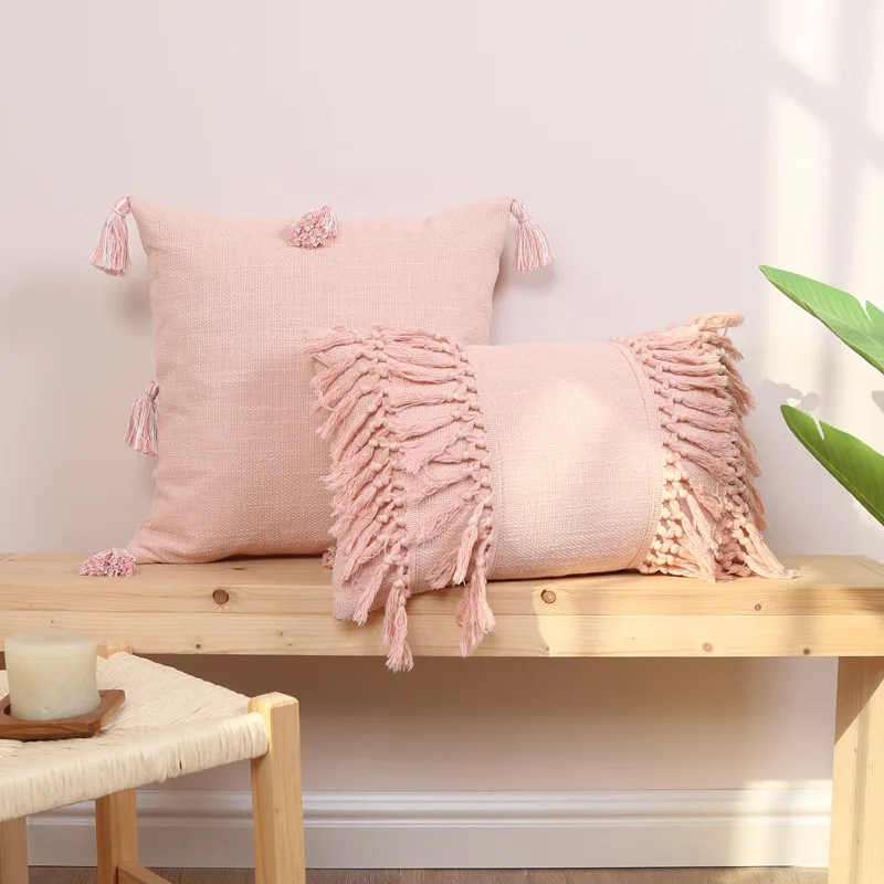 

Solid Color Cotton and Linen Tassel Cushion Cover Retro Pink Blue Beige Fringed Pillow Covers Decorative Cushions for Sofa Home