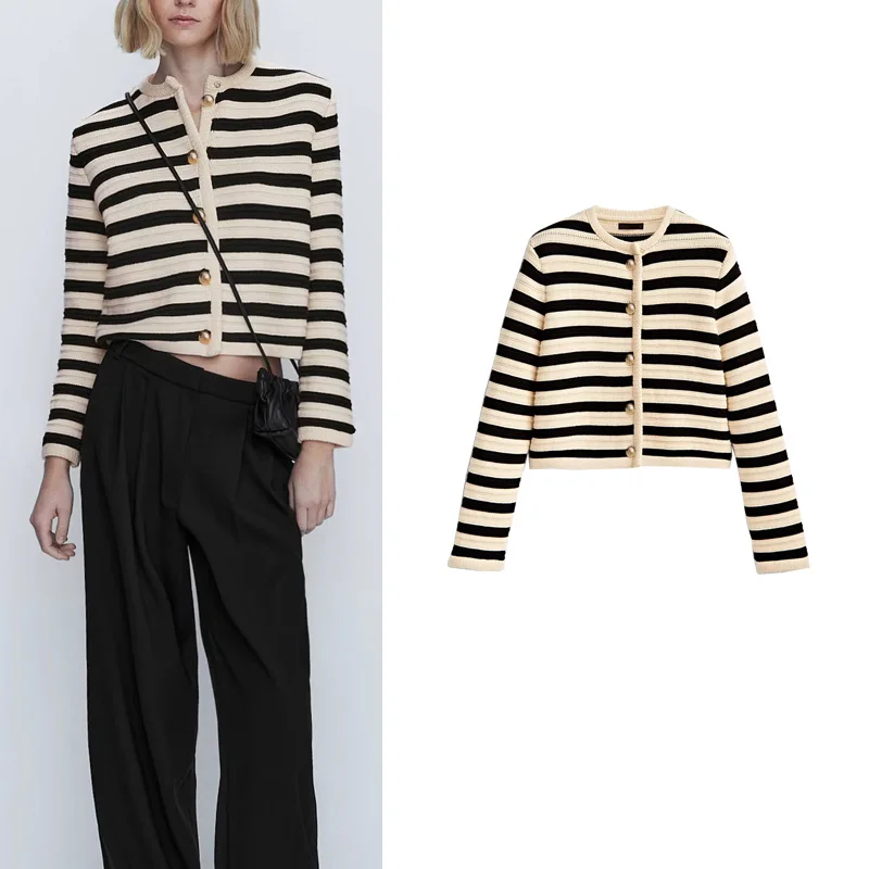 

Весенняя новинка: Женский ретро-кардиган в полоску с одной золотой пуговицей, вязаный жакет стандартной длины из полиэфирного волокна