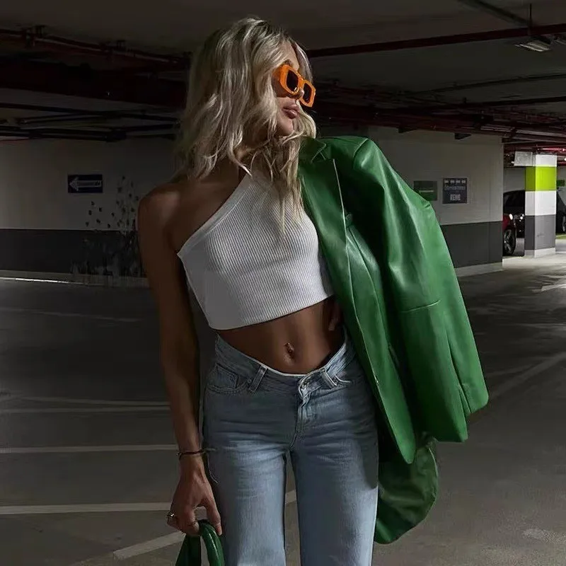 

Street Sle Spicy Girl Sexy Bal Slim Fit укороченный топ на одно плечо жилет женский Faion ort длина смесь полиэстера