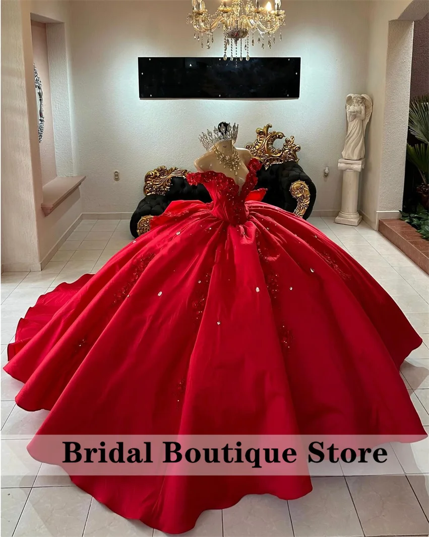 ประณีตดอกไม้สีแดงเจ้าหญิง Quinceanera ชุด 2024 Ball Gown Applique ลูกปัดคริสตัล Vestidos De 15 ที่กําหนดเอง