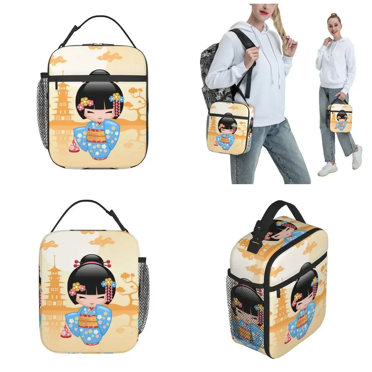 Maiko Kokeshi Doll Thermal Insulated Lunch Bag for Office Cute Japanese Geisha Girl Food Bag Container Cooler Thermal Lunch Box