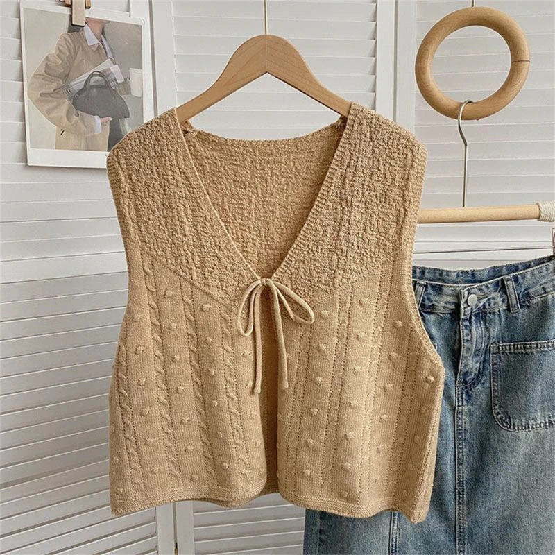 Vintage Lace Up Sweater Vest Women New Korean V-neck Sleeveless Simple Knitted Cardigan Female Waistcoat Autumn Loose Casual Top