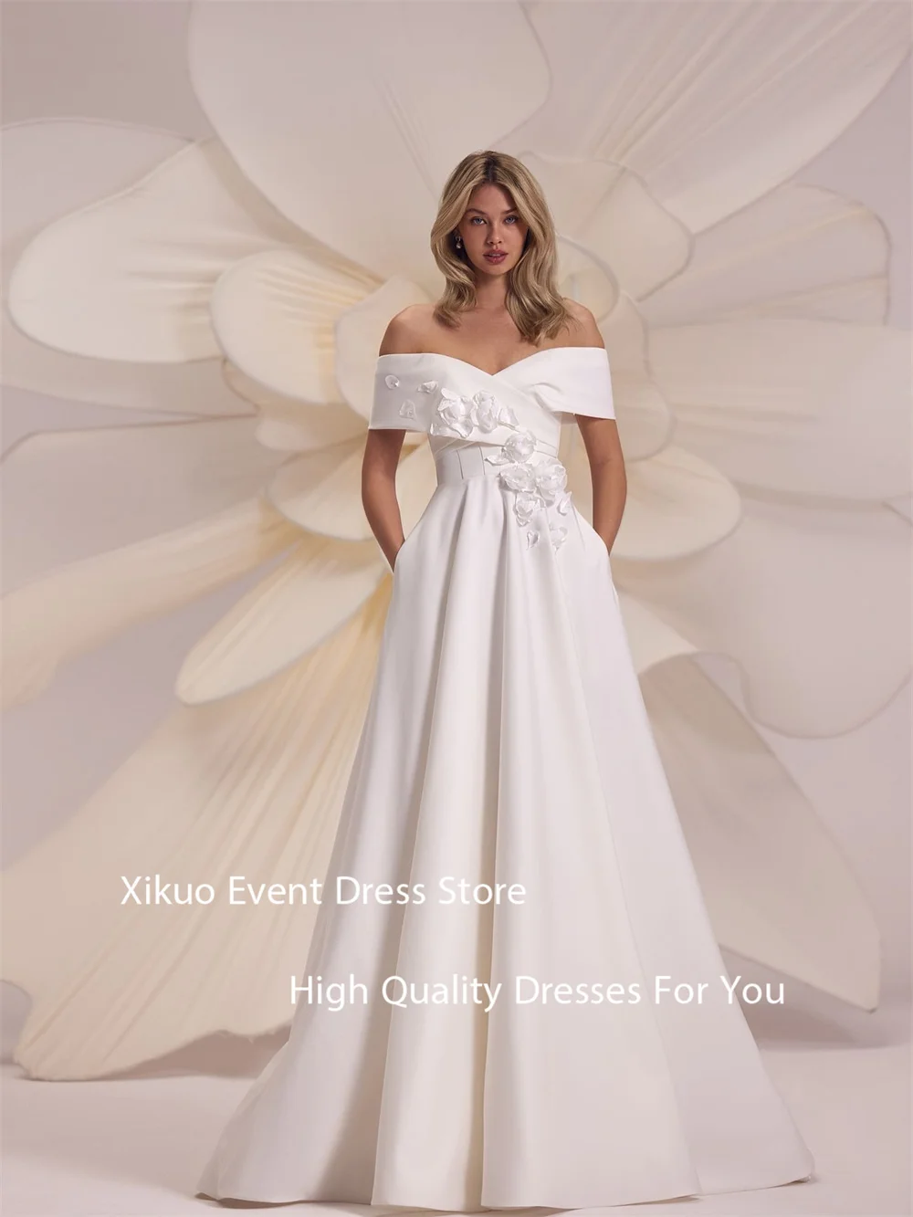 Xikuo Атласные вечерние платья с открытыми плечами 3D цветы длиной до пола, свадебное платье, летние плиссированные платья для выпускного вечера по индивидуальному заказу