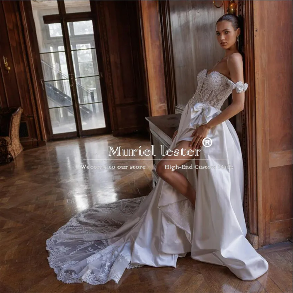 Exquisite High Split A Line Bridal Gowns Customized Off Shoulder Lace Appliques Beaded Sweetheart Bride Marriage Party Dress