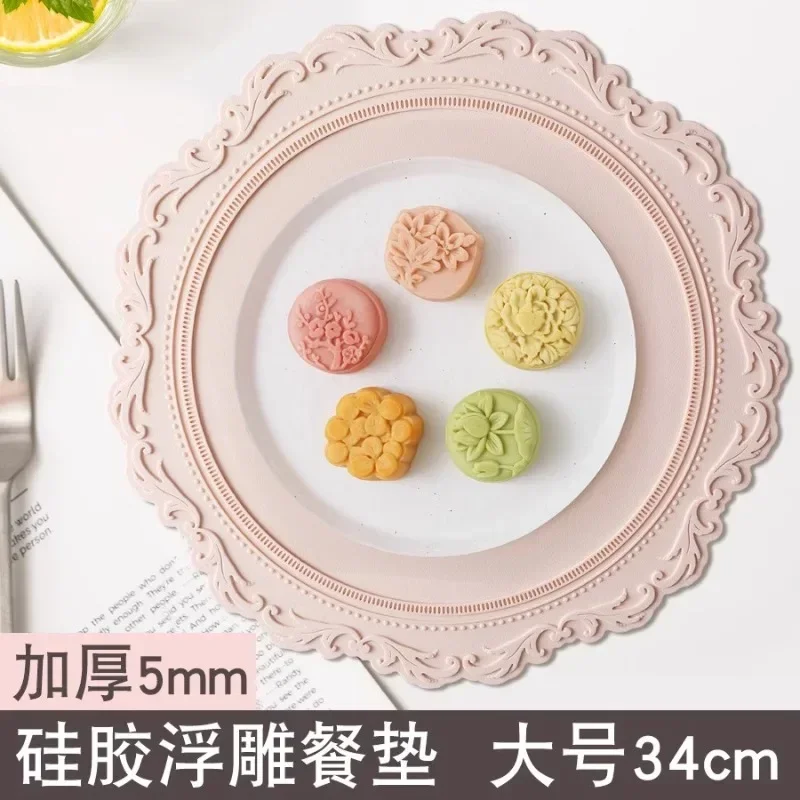 Silicone Placemat Round Flower Coffee Dinner Table Mat 34CM Embossed Pink Coaster Heat Resistant Kitchen Tableware Dining Mat