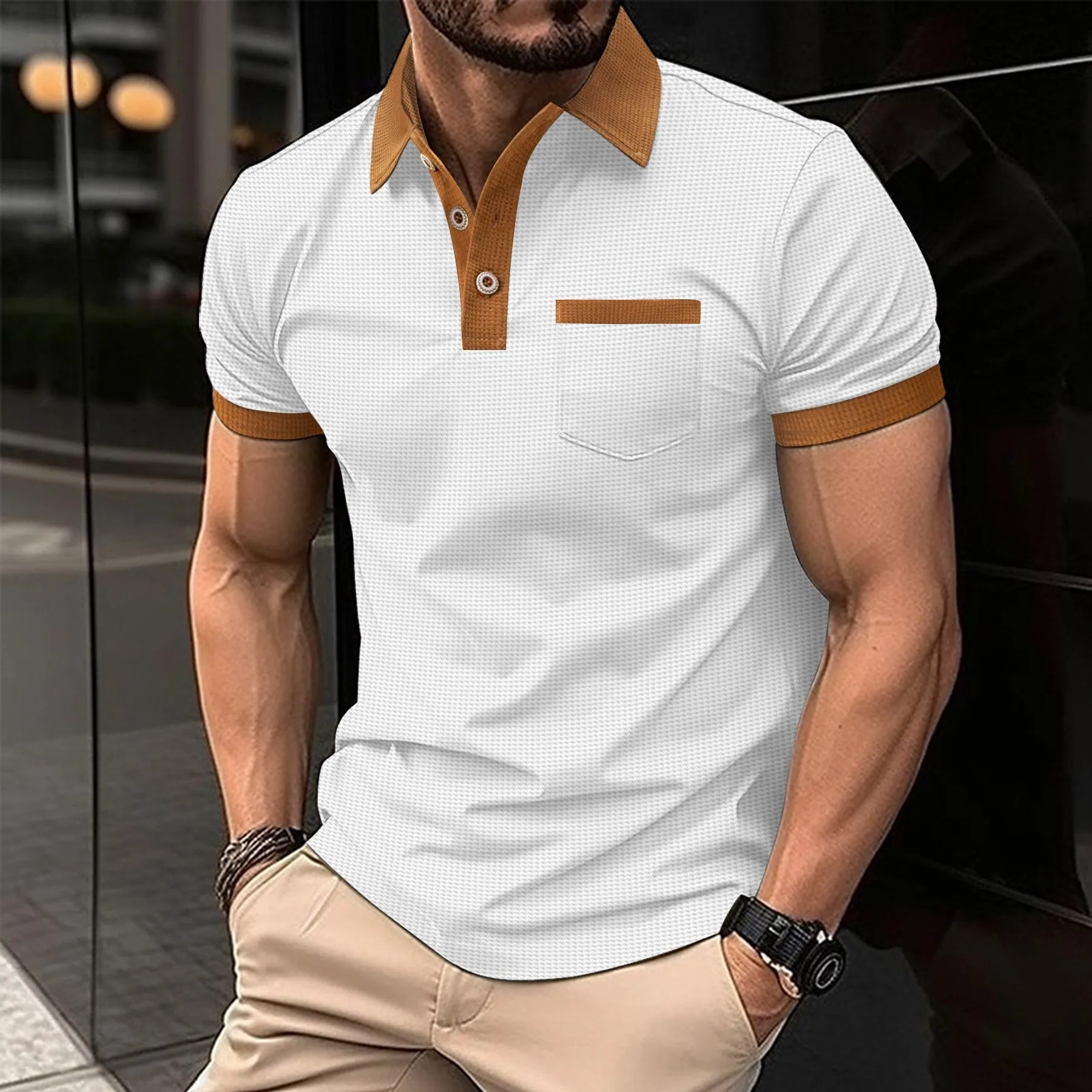 The latest 2024 AliExpress Men\'s Business Casual Shirt T-shirt Waffle Pocket short sleeve polo shirt