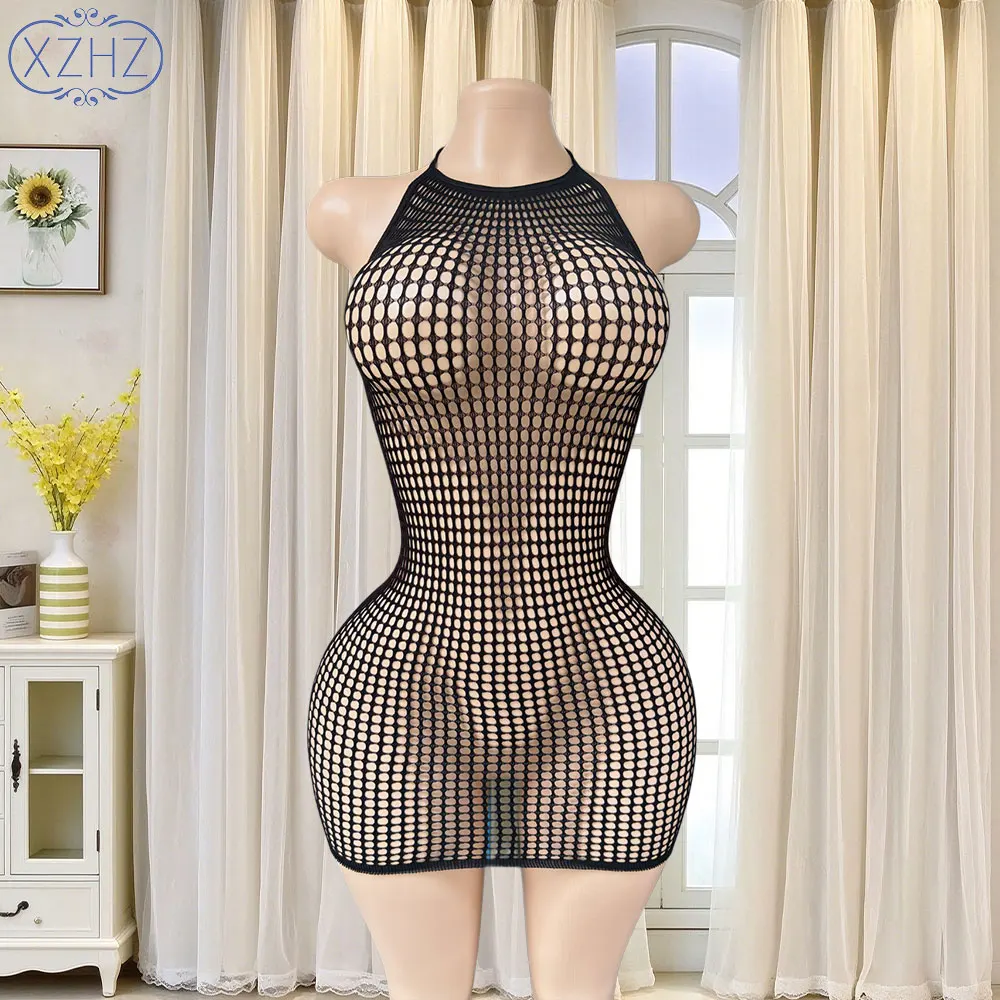 Black Women's Halter Fishnet Mini Dress, Hollow Out See Through High Stretch Bodycon Nightwear