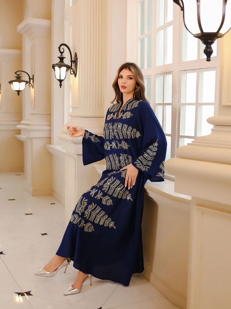 Eid Muslim Party Dress for Women Sequins Print Long Dresses Ramadan Abaya Morocco Kaftan Vestidos Largos Dubai Robe Jalabiya