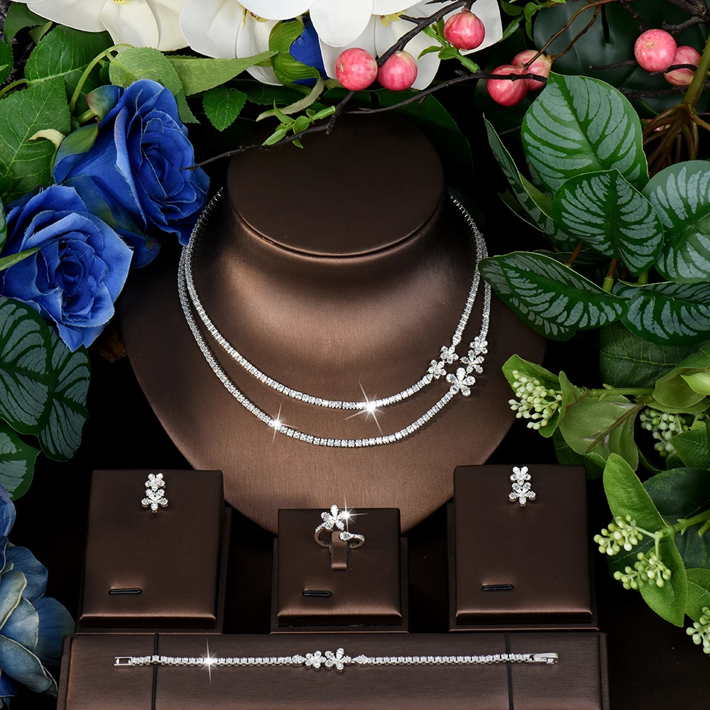 HIBRIDE Unique Deluxe Charming Side Flower Necklace Earrings Ring Ladies Zirconia Jewellery Set Party Banquet Wedding S-776