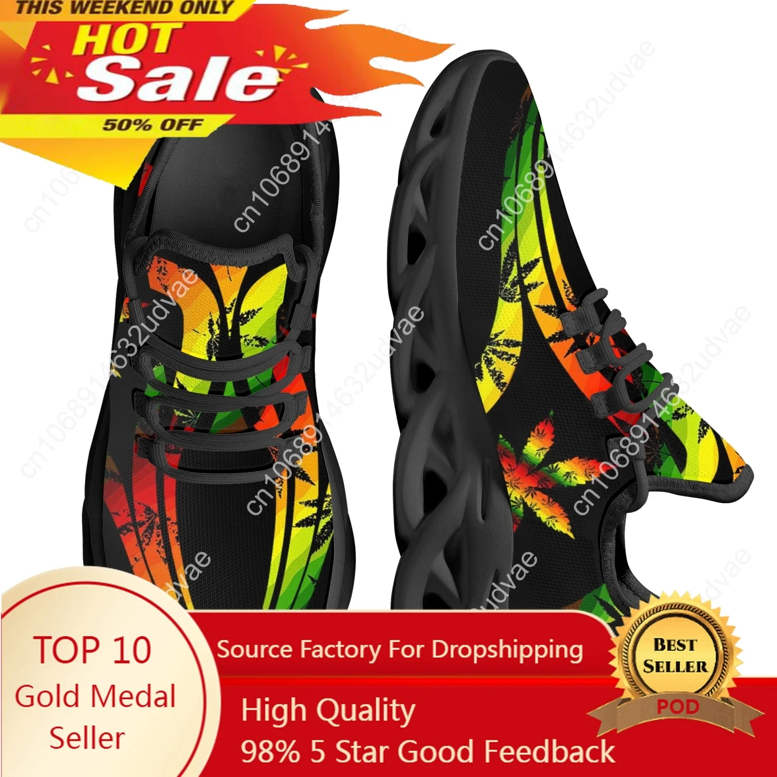 

2022 Hot Style Lace-up Sneakers Gradient Weed Leaves Printed Women Flat Shoes Breathable Casual Footwear Zapatos