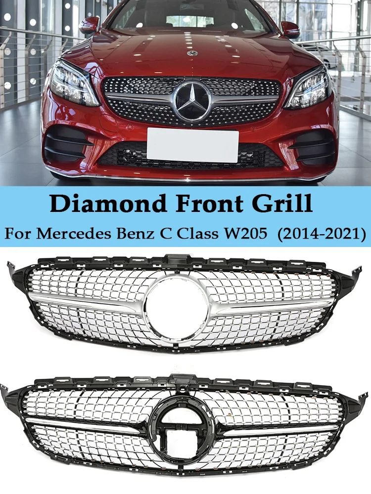 Front Bumper Grille Diamond Sliver Star For Benz C Class W205 Mercedes C180 C200 C300 C350 2014-2021 Silver Black Radiator Grill