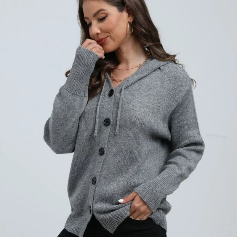 Women's Hooded Single-breasted Knitted Cardigan Jacket Solid Color Sweater 2024 Autumn/winter New Style Pullover