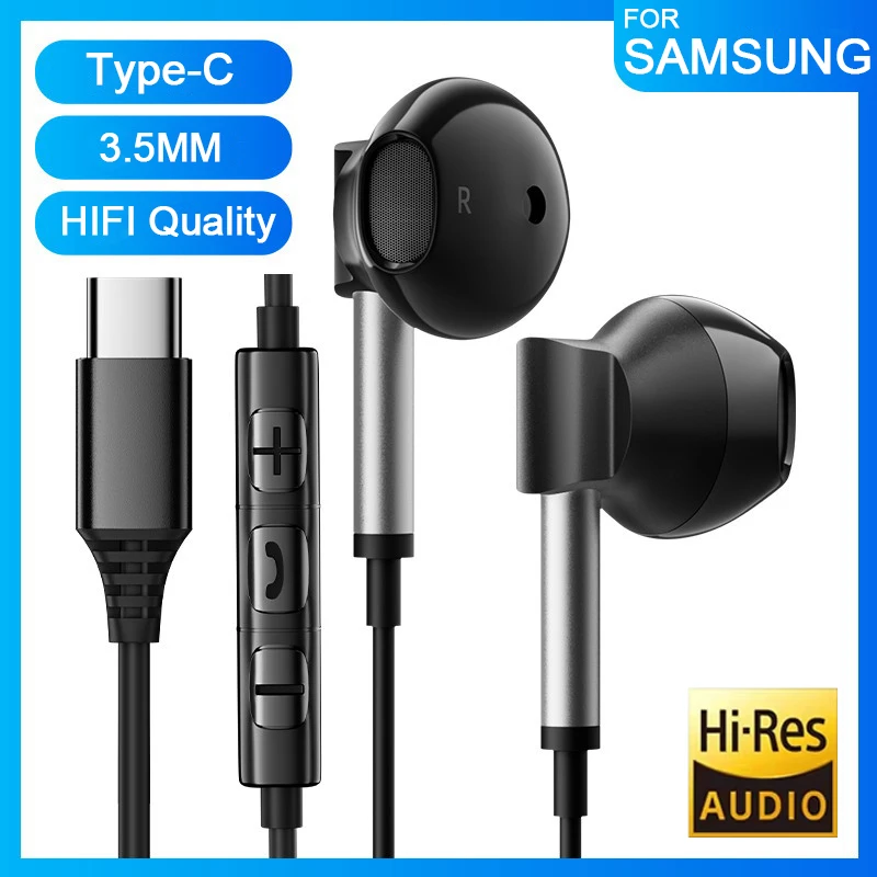 Type C Headphones HiFi Surround Sound Control Headset With HD Mic 3.5mm Wired Earbuds For iPhone15 Samsung Galaxy S24 Earphones