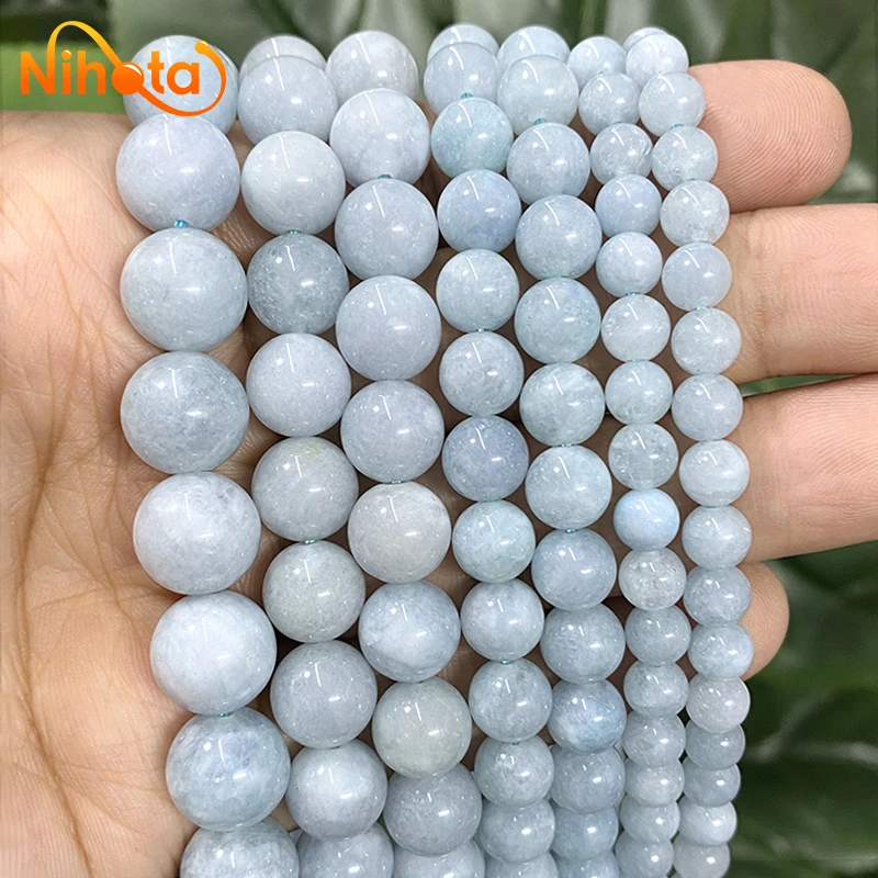 Smooth Natural Stone Light Blue Chalcedony Round Beads Bracelet Necklace Handmade DIY for Jewelry Making 6/8/10/12mm 15