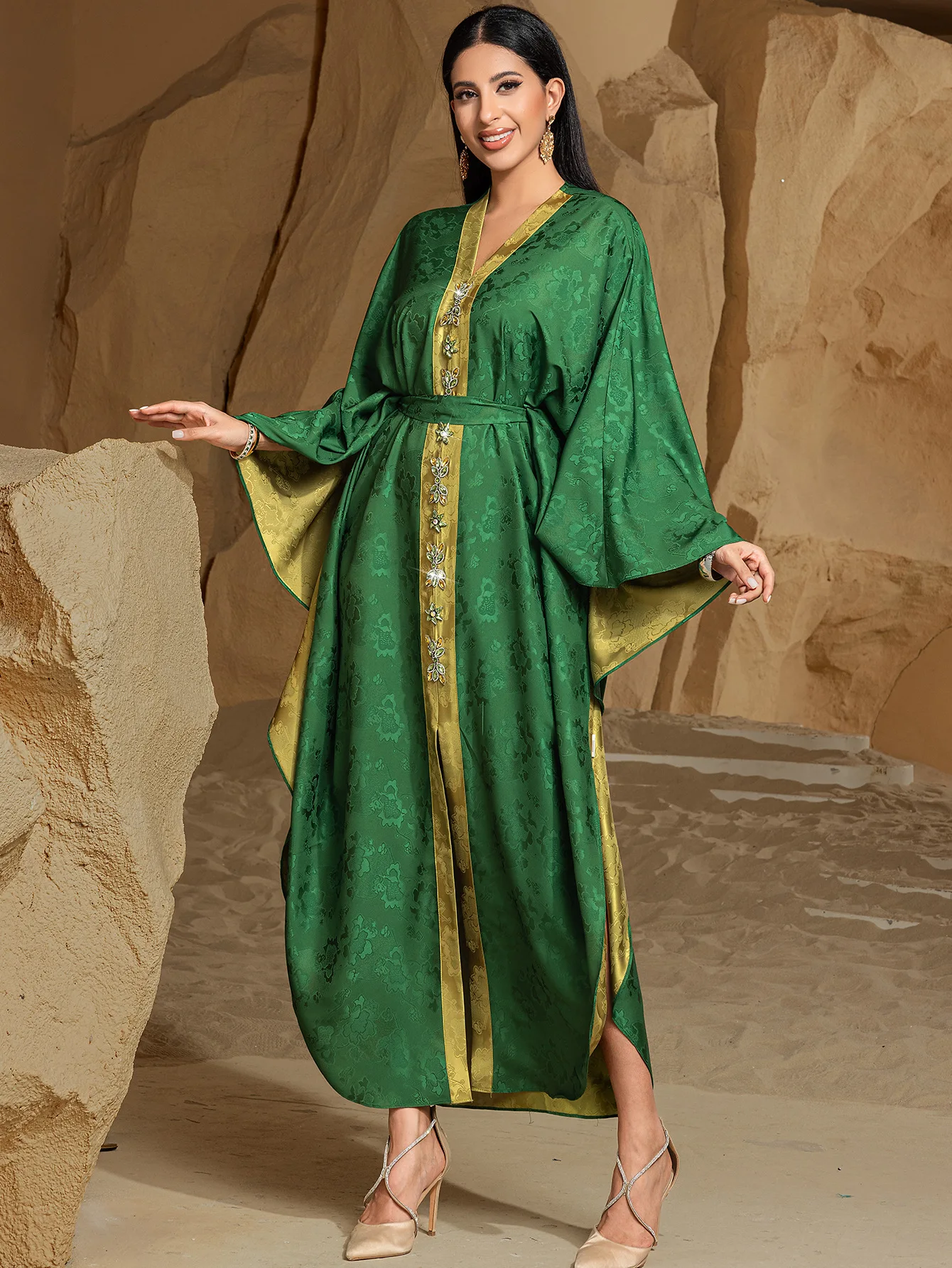Ramadan Eid Verde Raso Abaya Diamanti Dubai Lusso Islam Musulmano Abiti Africani per Le Donne Caftano Robe Femme Musulmane Djellaba