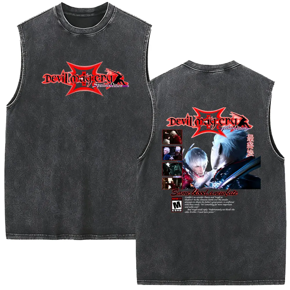 Devil May Cry Dante Washed Vintage Tank Tops Men Women Game Retro Oversized Sleeveless Vest Men's Fashion High Quality T-shirt