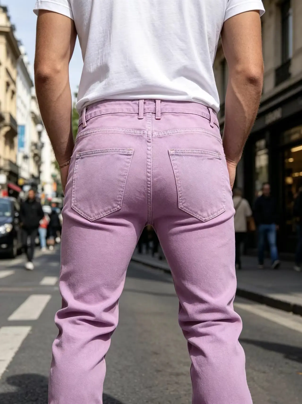 Fashionable Pink Slim Fit Straight Leg Jeans Transoceanic Style Ripped Denim Pants Long Trousers No-Elastic