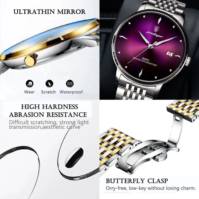 POEDAGAR Purple For Man Watch 3ATM Waterproof Luminous Week Stainless Steel Men Watch Casual Quartz Men\'s Watches Male Clock+box