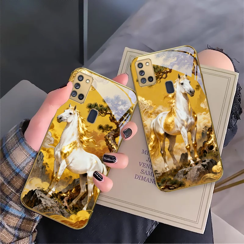 

tall and sturdy horse For Samsung A 31 32 A33 A34 35 14 A15 13 A16 25 26 50 52 53 54 55 56 70 71 72 73 Golden glass phone case