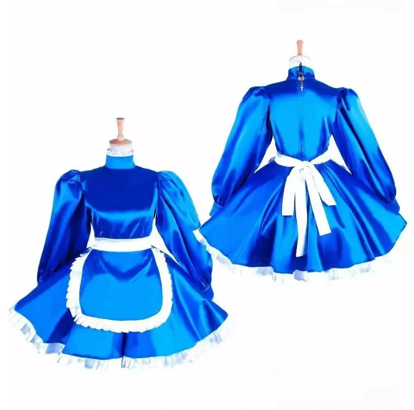 

Sexy sissy girl blue lockable dress, cute French maid cosplay costume, adult customization