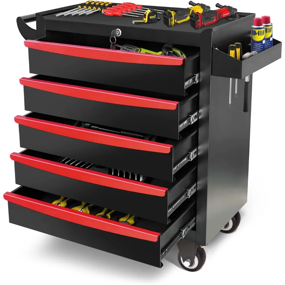 

Rolling Tool Chest, Metal Tool Box with 5 Drawers, Lockable Garage Storage Cabinets Sliding Tool Drawer Cart on Wheels Toolbox O