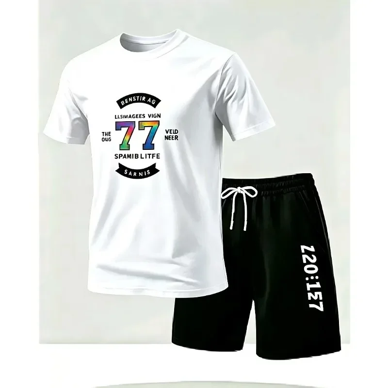 

Fashion Number 77 Printed T-shirts Shorts Sets Mens Round Neck Oversized Short Sleeve Suit Pocket High Waisted Shorts Men's Sets