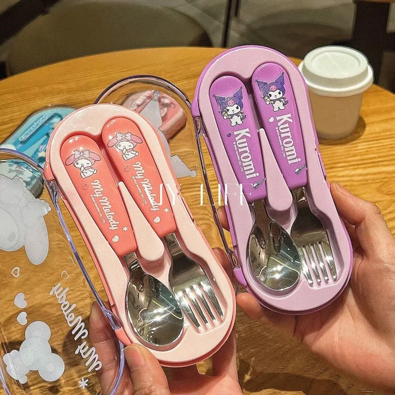

Hello Kitty ложка-вилка посуда Melody Kuromi ручка посуда из двух предметов набор Cinnamoroll вилка из нержавеющей стали ложка подарки для детей