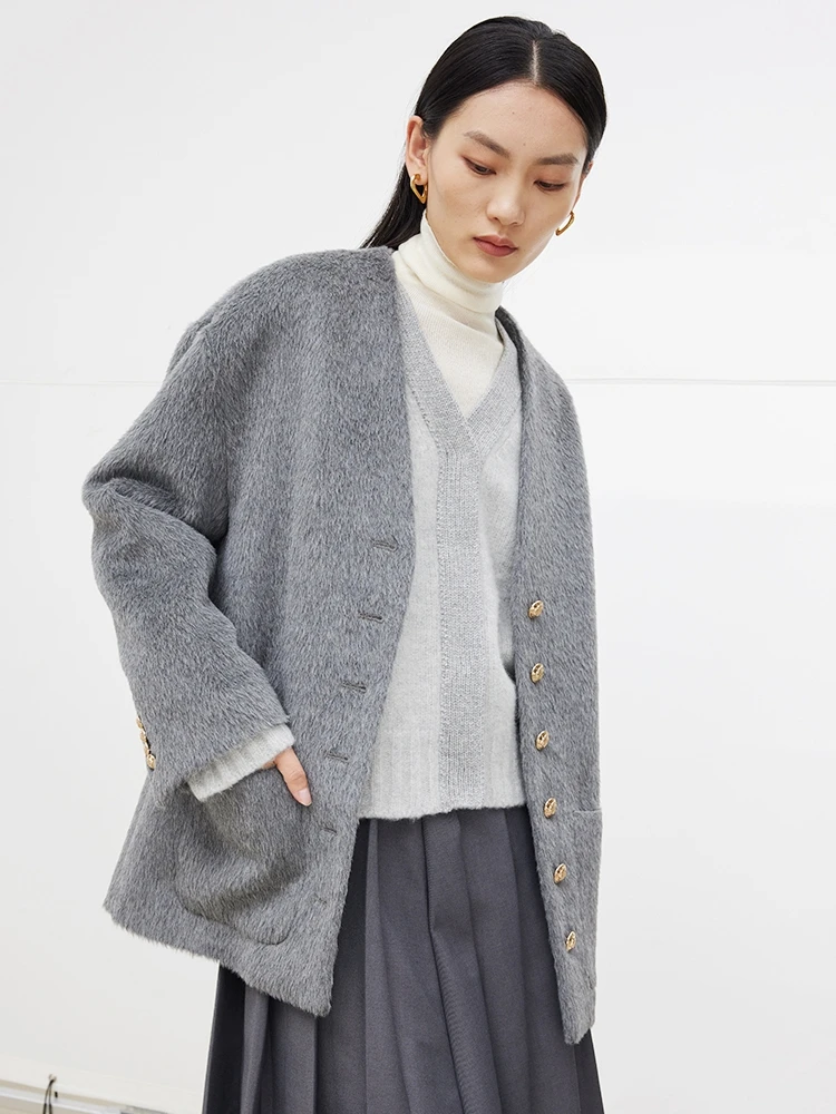 

Элитный кардиган из искусственного меха и шерсти сур-альпака на одной пуговице, без воротника, для женщин