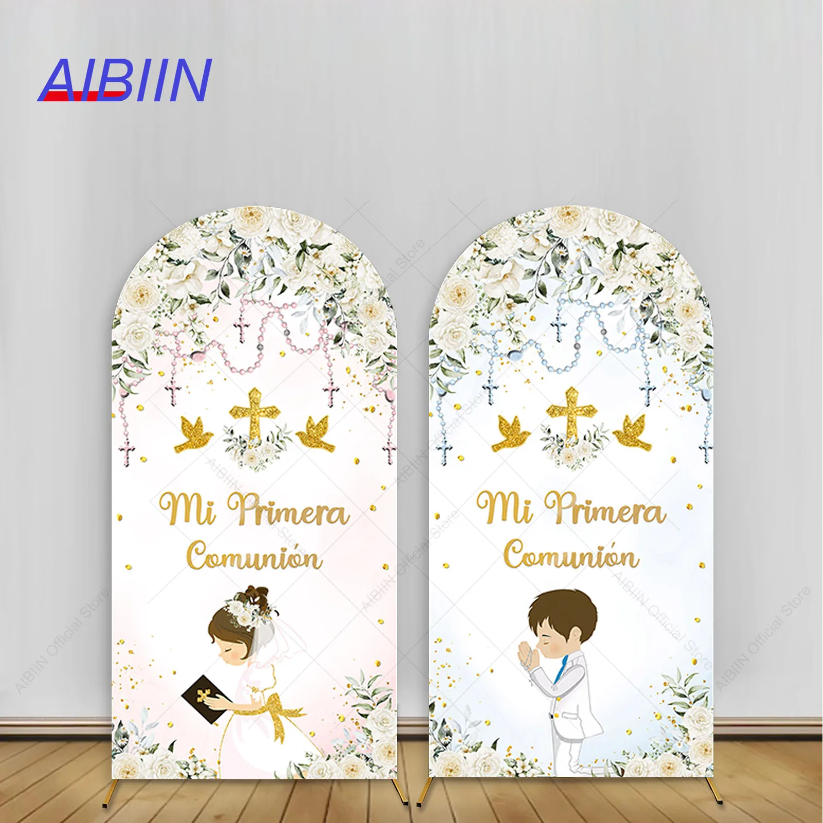 

Mi Primera Comunion Arch Backdrop Cover White Floral Dove Gold Cross Boy Girl Baptism First Communion Party Decor Background