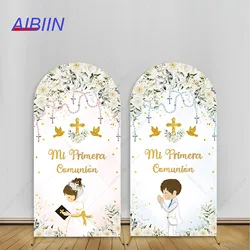 Mi Primera Comunion Arch Backdrop Cover White Floral Dove Gold Cross Boy Girl Baptism First Communion Party Decor Background