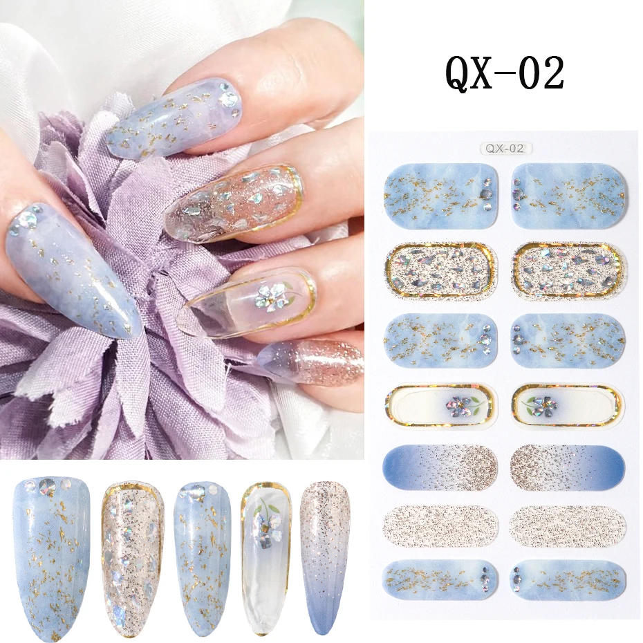 Glitter Flowers Spring Design Semi-cured UV Gel Nail Sticker Full Cover UV/LED Lamp Required Gel Nail Strips Press On Nail Decal