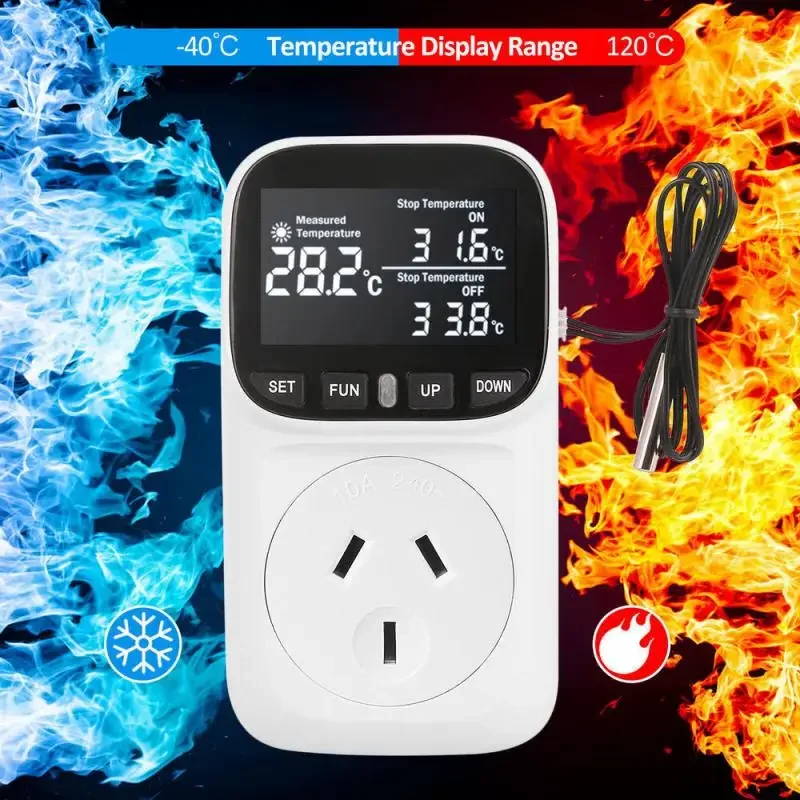 Controlador de temperatura Digital, toma de corriente, termostato con enchufe UE/AU con temporizador, sonda del Sensor, interruptor de refrigeración y calefacción, retroiluminación